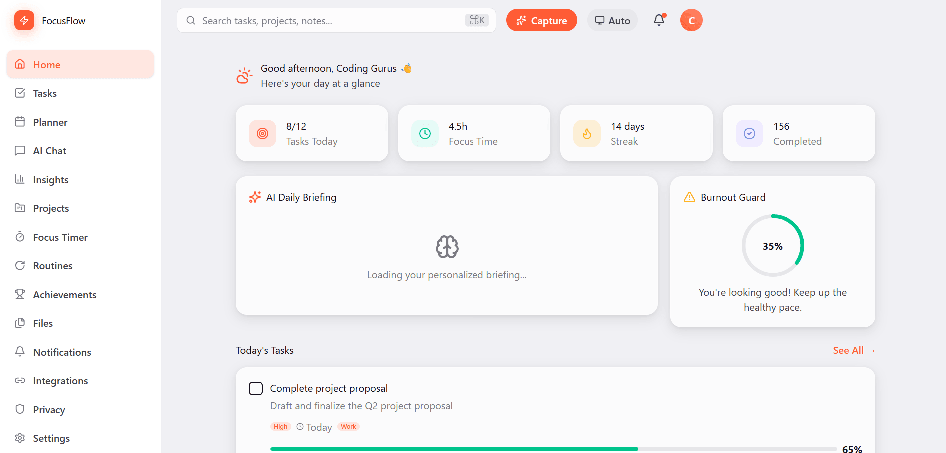 FocusFlow app running on a laptop